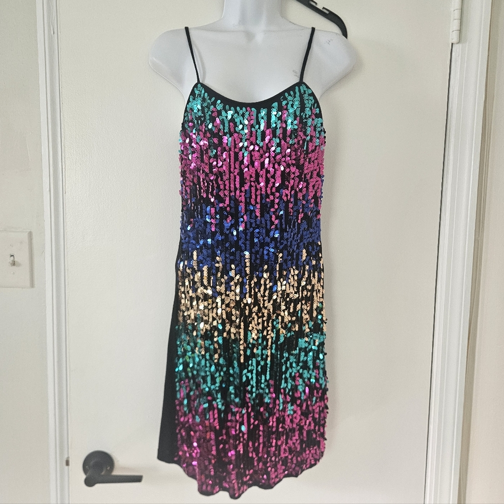 Deb Womens Slip Dress M Y2K Sequin Rainbow Mini Party Retro Stretch Glam Sparkle